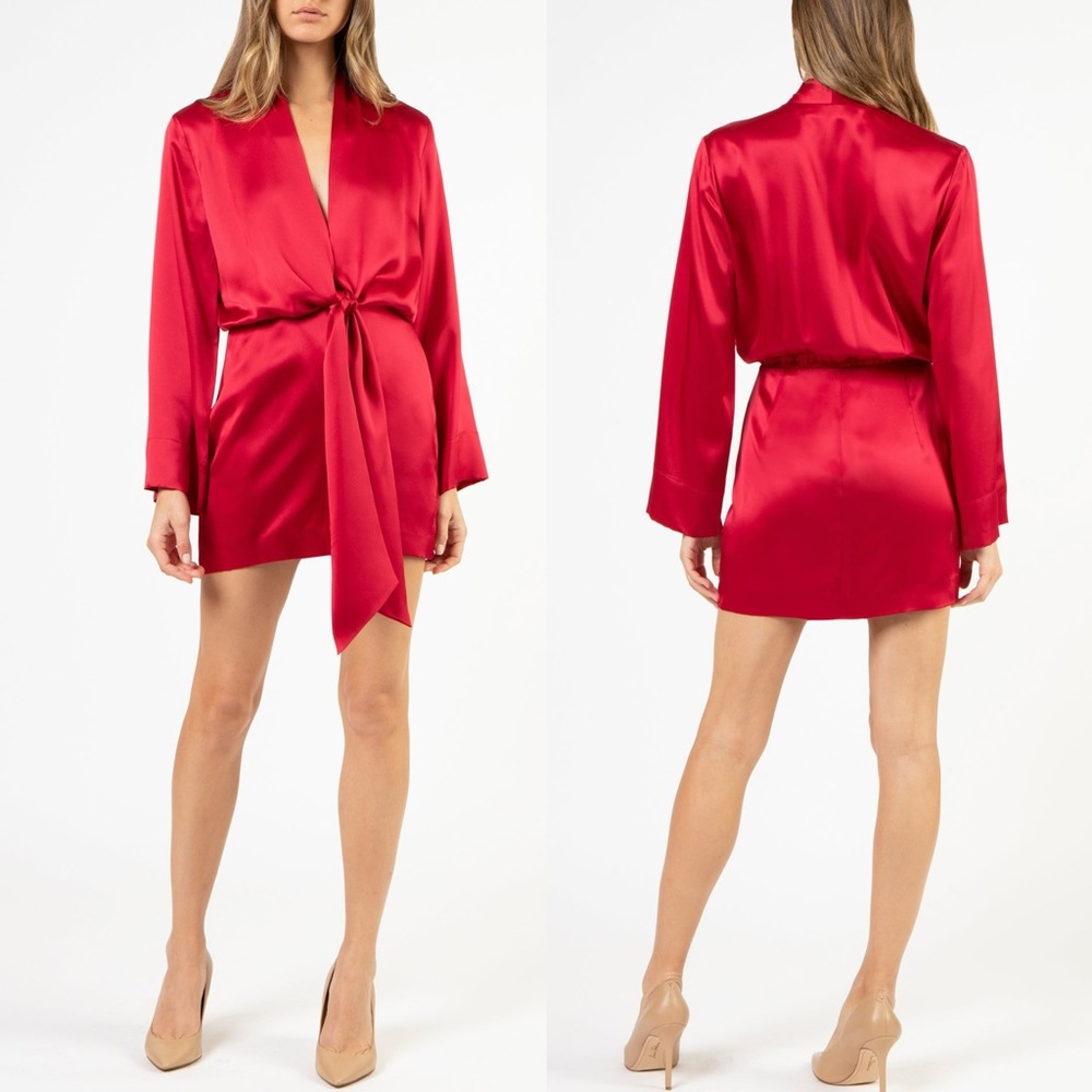 Michelle Mason 100% Silk Kimono Tie Mini Dress in Ruby Red Size 0 - Picture 14 of 16
